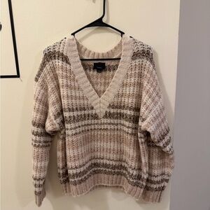 Lumiere Beige and Brown V-Neck Sweater